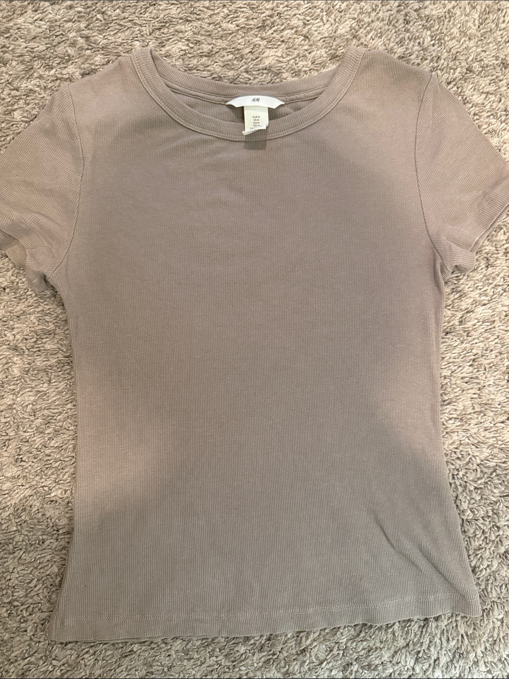 H&M Short Sleeve Ribbed Tee in Taupe Brown Medium